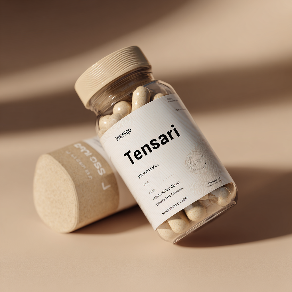 O sticlă elegantă de Tensaril pe un fundal medical curat, cu pastile naturale pentru tensiune arterială vizibile prin sticla transparentă, fotografie realistă în studio medical